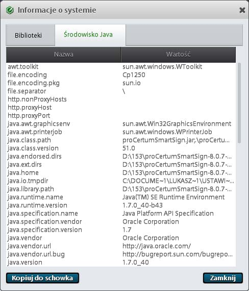 4.1. Pomoc Rysunek 10: Informacje o systemie Zakładka Środowisko Java W celu uzyskania pomocy w