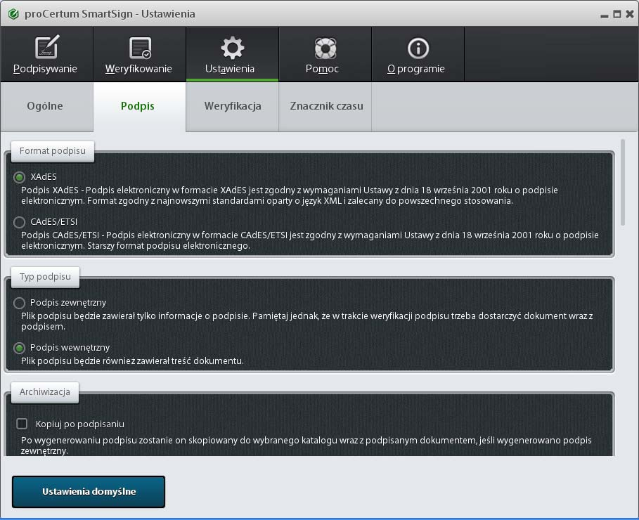 Rysunek 15: Zakładka Ustawienia Podpis część dotycząca Formatu podpisu, Typu podpisu i ustawień Archiwizacji Możemy określić następujące parametry: Format podpisu: XAdES Podpis elektroniczny w