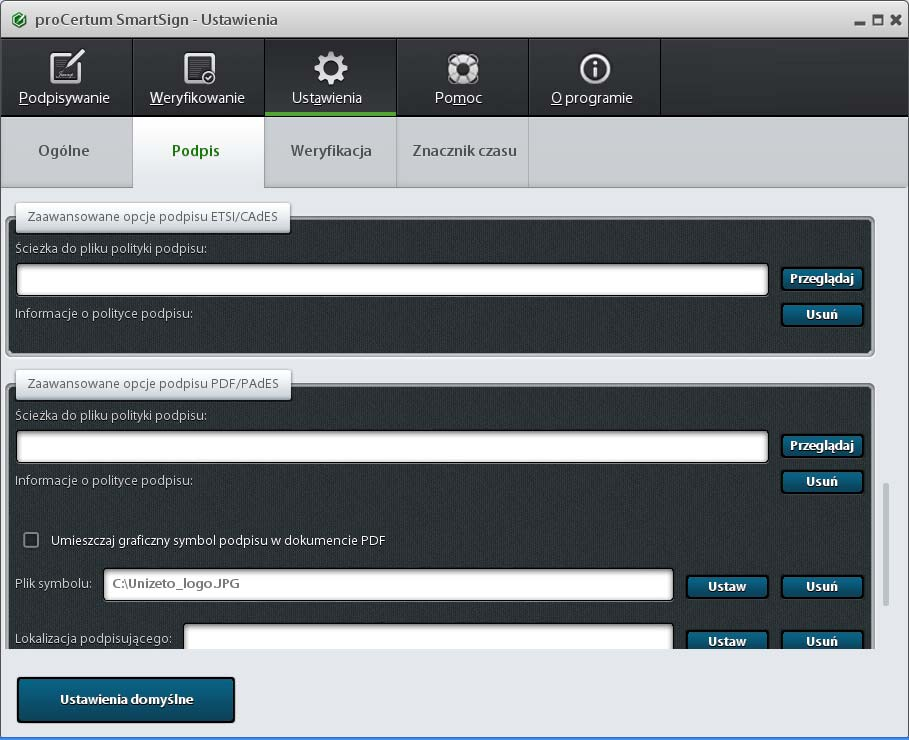 Rysunek 17: Zakładka Ustawienia Podpis część dotycząca zaawansowanych opcji podpisu Zaawansowane opcje podpisu ETSI/CAdES o Ścieżka do pliku polityki podpisu wskazuje na ścieżkę do pliku Polityki