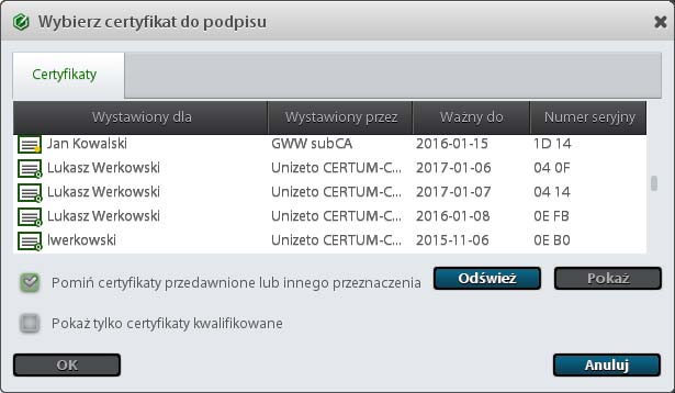 Rysunek 24: Lista certyfikatów kwalifikowanych Uwaga! W oknie dialogowym zostaną wyświetlone certyfikaty kwalifikowane.