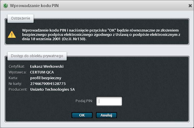 Rysunek 26: Wybór certyfikatu dla operacji podpisu Jeżeli użytkownik dla operacji podpisu cyfrowego wybrał certyfikat kwalifikowany to wyświetlona zostanie prośba o wprowadzenie kodu