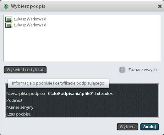 Rysunek 37: Okno wyboru akcji przy obecnym już co najmniej jednym podpisie Dla kontrasygnaty należy nacisnąć przycisk Kontrasygnuj.