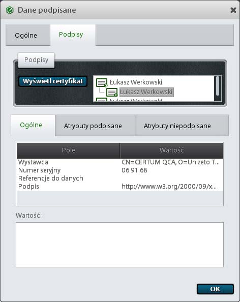 Rysunek 41 Dane podpisane - zakładka podpis dla kontrasygnaty Literą C oznaczone są kontrasygnaty podpisów. 4.3.