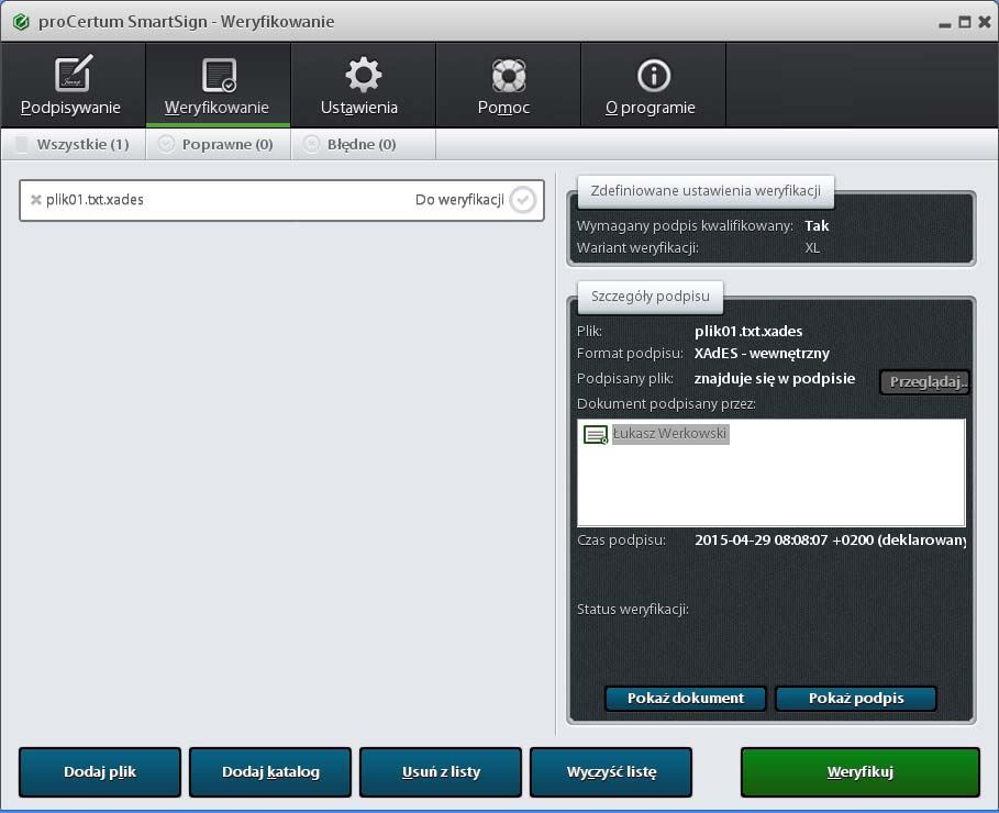 Rysunek 50: Zakładka Weryfikowanie Lista elementów do weryfikacji Szczegółowe informacje o podpisie można uzyskać
