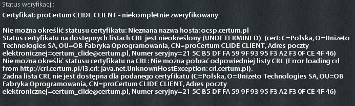 Jeżeli status jest określony jako negatywny to element na liście jest oznaczony kolorem czerwonym, a w sekcji Informacje o podpisie w polu Status weryfikacji widnieje wpis Certyfikat: Łukasz