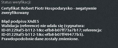 Rysunek 58: Nieprawidłowa wartość podpisu Rysunek 59: Nieprawidłowy certyfikat Rysunek 60: Błąd przy weryfikacji certyfikatu niekwalifikowanego 4.4.5. Menu kontekstowe Aby uruchomić menu kontekstowe należy nacisnąć prawym klawiszem myszki w dowolnym miejscu na liście.