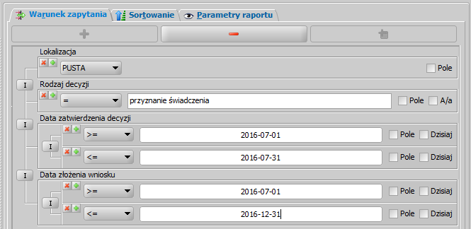 listy wszystkich wniosków (menu Czynności>Raport z listy) z warunkami zapytania: 1.