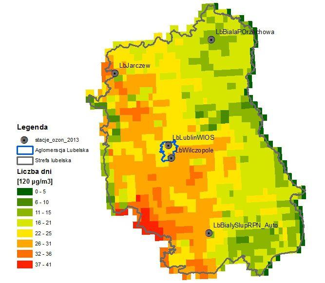 Wyniki badań stężeń ozonu wykazały, że liczba dni z przekroczeniem poziomu docelowego w roku kalendarzowym uśredniona w ciągu trzech ostatnich lat, na poszczególnych stanowiskach wynosiła maksymalnie