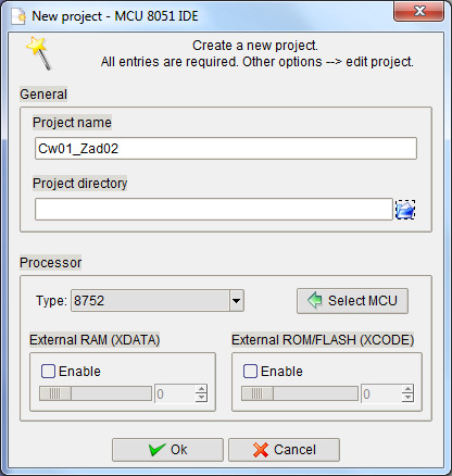 Rys. 1. Widok okna konfiguracyjnego przy tworzeniu nowego projektu c) W oknie edytora tekstowego środowiska MCU 8051 IDE wpisz podany poniżej kod źródłowy programu.