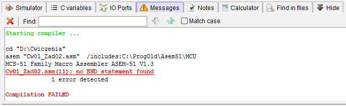 Rys.3. Widok okna po asemblacji kodu źrodłowego Jeśli program asemblujący wykryje błędy składniowe w kodzie programu, to zostanie to uwidocznione jak na rysunku 4.