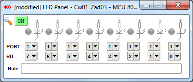 Rys.5. Widok okna LED Panel z właściwym dla zadania 3 dołączeniem diod LED do linii portu P1 Upewnij się, że klawisz w lewym górnym rogu okna jest w pozycji ON. Jeśli nie, przełącz go w tę pozycję.