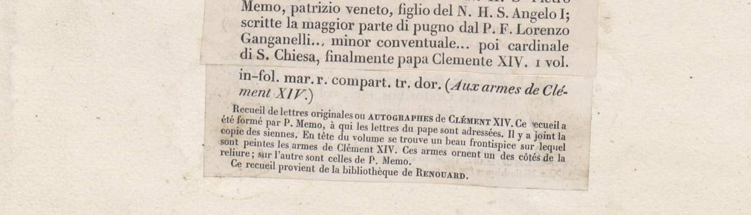 A. Renouarda oraz wycinki z katalogu aukcyjnego (E. Huillard, Catalogue des livres rares et précieux manuscrits, et imprimes, composant la bibliothèque de feu M.E. Huillard, Paris, 1870, s.
