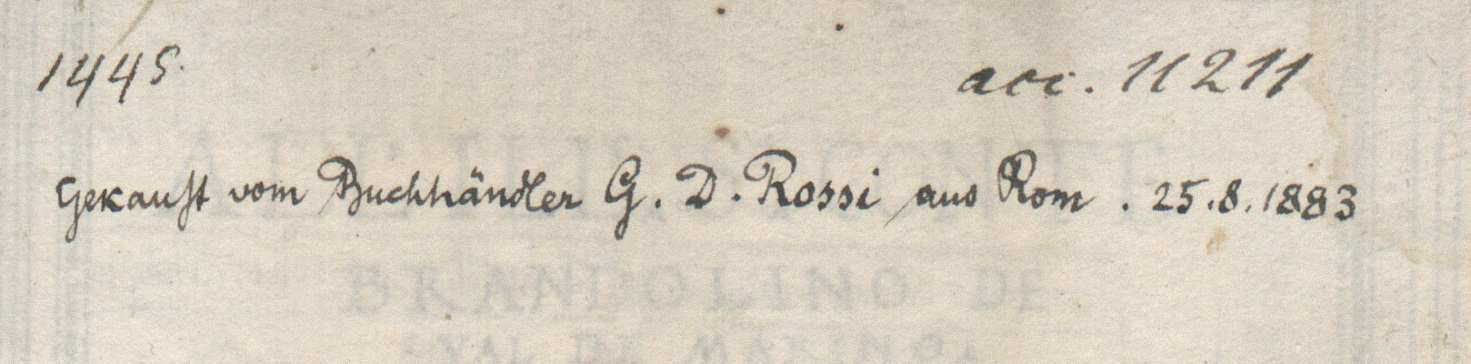quart. 42 (1r). Note concerning the purchase of the manuscript from the Roman antiquarian Dario Rossi (1r - ital. quart.