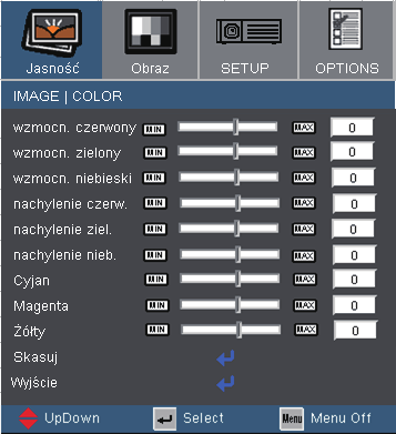 Elementy sterowania użytkownika Image Color Kolor Wybierz wzmocn. Czerwony/Zielony/Niebieski w celu regulacji jasności i kontrastu całego obrazu.