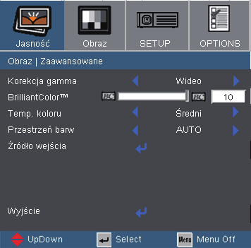Elementy sterowania użytkownika Obraz Zaawansowane Korekcja gamma Ustawienie to umożliwia wybór tabeli korekcji gamma, z dokładnymi wartościami umożliwiającymi uzyskanie najlepszej jakości wejścia