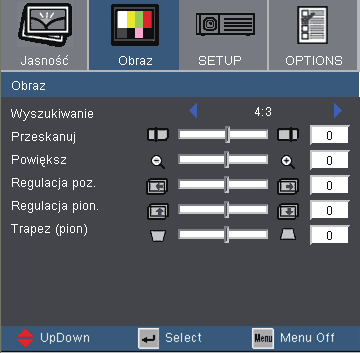 Elementy sterowania użytkownika Obraz Przeskanuj Funkcja Przeskanuj usuwa zakłócenia z obrazu video. Funkcja Przeskanuj usuwa zakłócenia video z krawędzi źródła video.