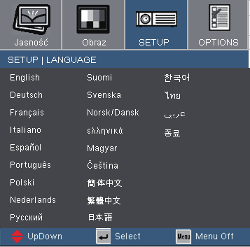 Elementy sterowania użytkownika Setup Language Język Wybór wielojęzycznego menu OSD.
