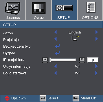 Elementy sterowania użytkownika Setup Logo startowe Użyj tej funkcji do wyboru wymaganego ekranu