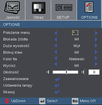 Elementy sterowania użytkownika Options Głośność Naciśnij Naciśnij, aby zmniejszyć głośność.