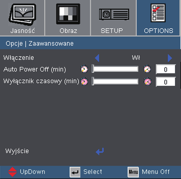 Elementy sterowania użytkownika Opcje Zaawansowane Włączenie Wybierz Wł, aby włączyć tryb Bezpośr. wł. zasil.