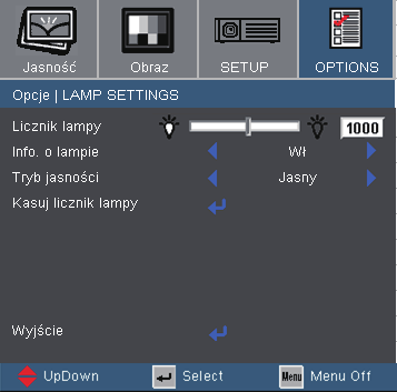 Elementy sterowania użytkownika Opcje Lamp Settings Licznik lampy Wyświetla czas projekcji. Info. o lampie Funkcję tą należy wybrać w celu wyświetlania lub ukrycia komunikatu o potrzebie zmiany lampy.