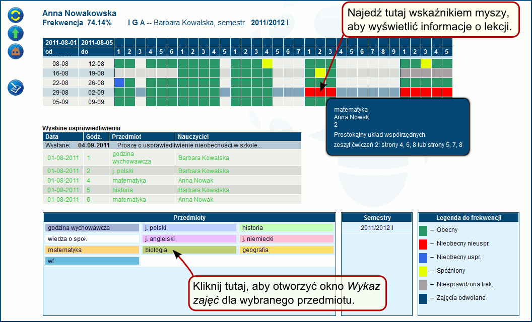 Rysunek 2.6: Okno Frekwencja 3. W oknie Frekwencja możesz przeglądać szczegółowy wykaz zajęć dla poszczególnych przedmiotów.