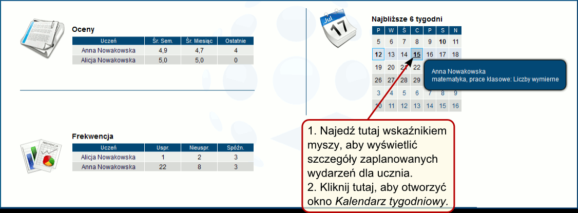 informacje o wydarzeniach i sprawdzianach ucznia (rys. 2.29). Rysunek 2.29: Strona główna 2.