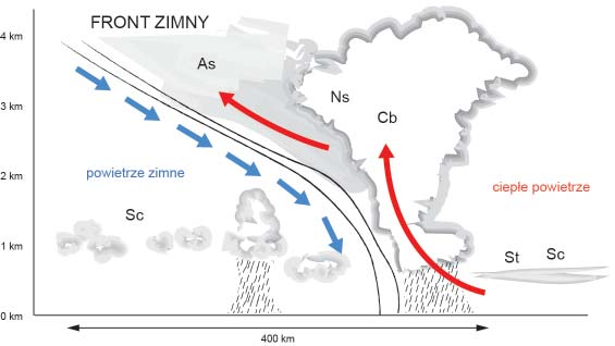 Tu powierzchnia frontowa jest stromo nachylona do powierzchni ziemi. Powietrze unosi się gwałtownie do góry i tworzą się chmury burzowe typu cumulonimbus.