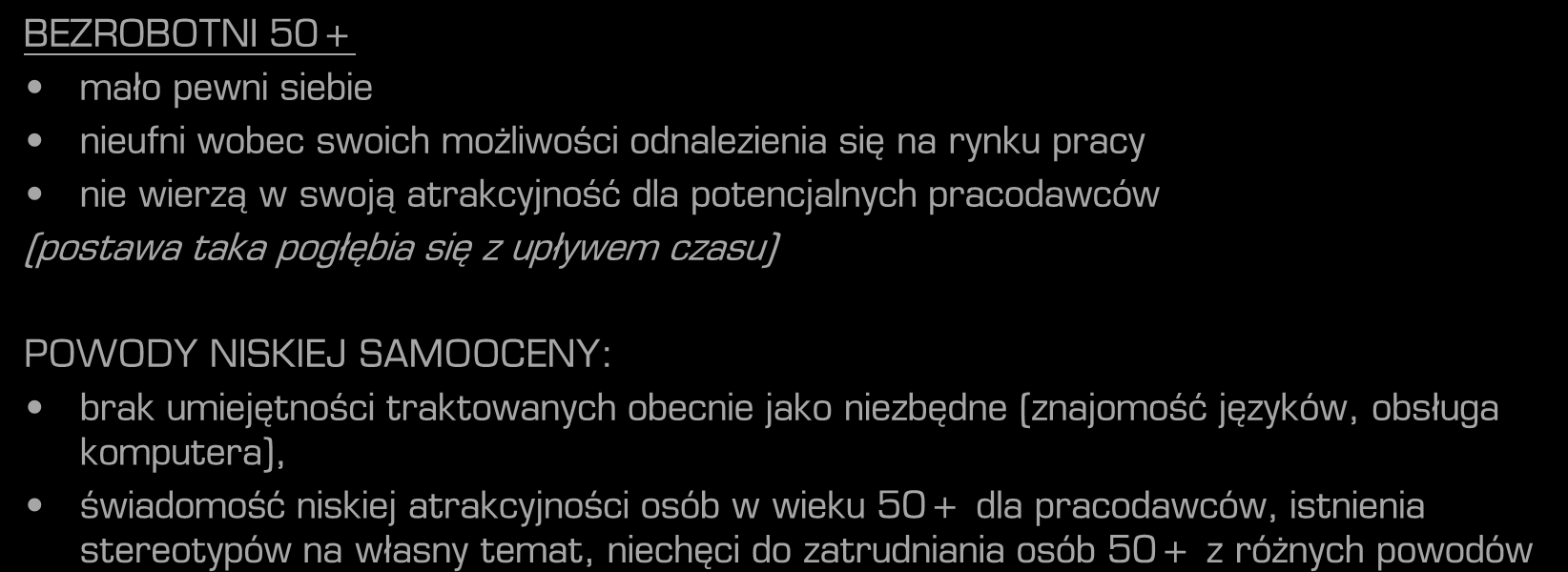 Ocena pracowników w wieku 50+ w opinii doradców zawodowych BEZROBOTNI 50+ mało pewni siebie nieufni wobec swoich możliwości odnalezienia się na rynku pracy nie wierzą w swoją atrakcyjność dla