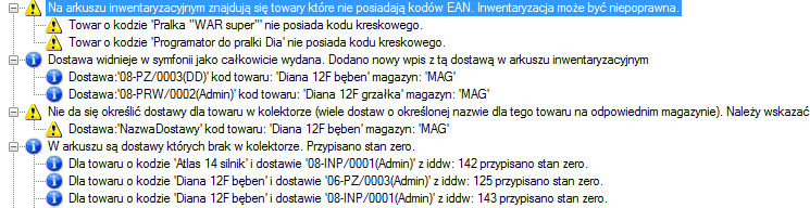 pliku. Różne występujące komunikaty są grupowane wg.