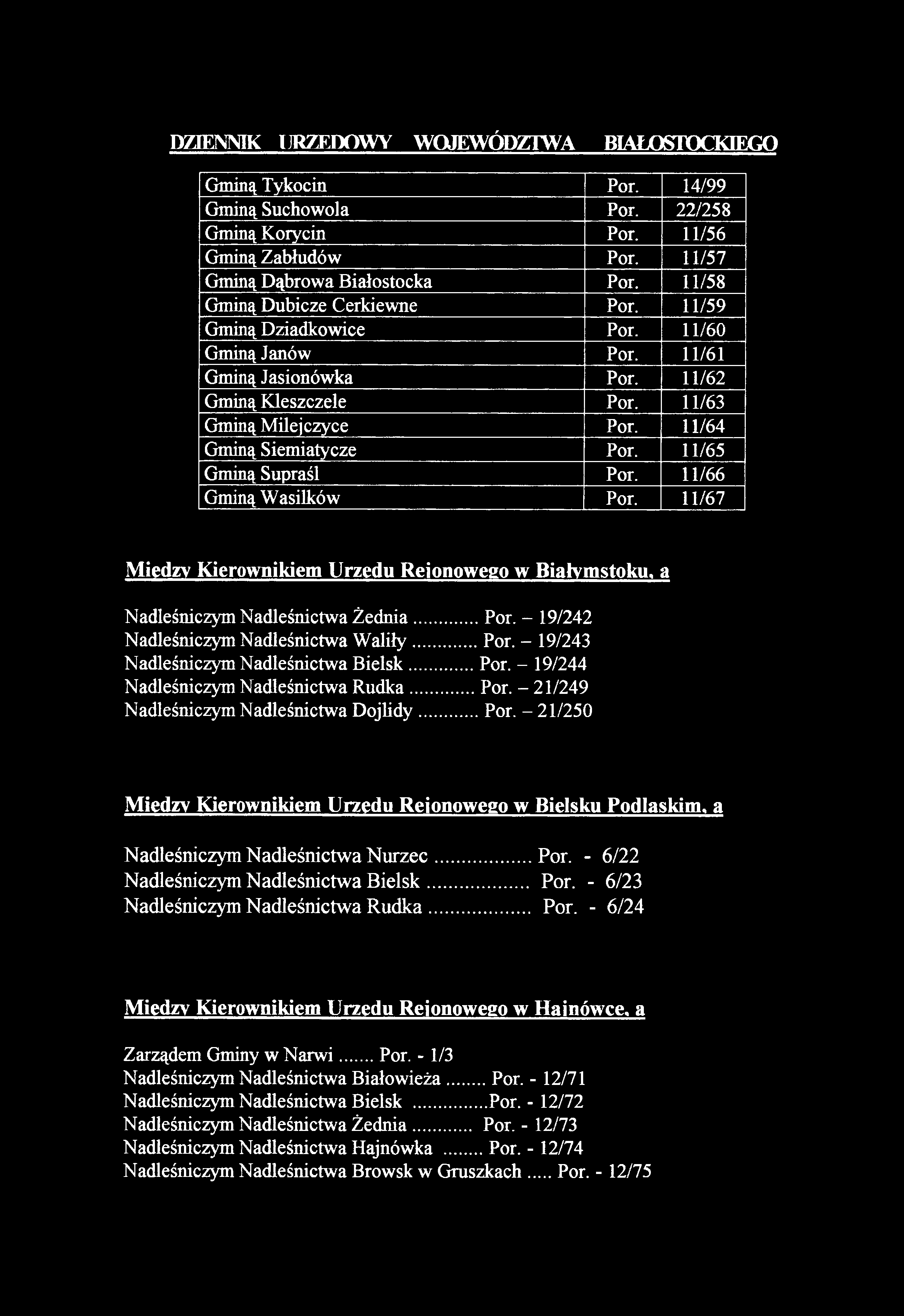 11/65 Gminą Supraśl Por. 11/66 Gminą Wasilków Por. 11/67 Miedzy Kierownikiem Urzędu Rejonowego w Białymstoku, a Nadleśniczym Nadleśnictwa Ż ednia... Por. - 19/242 Nadleśniczym Nadleśnictwa W aliły.