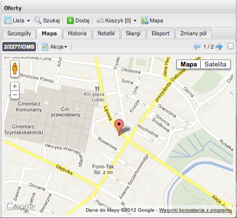 Zakładka Mapa pokazuje lokalizację ofert na mapie w dużym i wygodnym oknie Mapę można również przeglądać w opcji Google Street