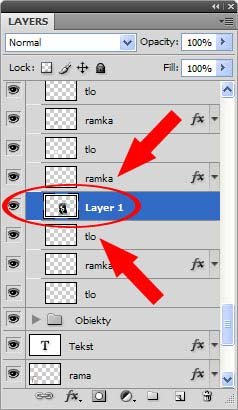 Aby sprawdzić którą uaktywniliśmy ramkę na dokumencie, należy wyłączyć ikonę oka przy jej nazwie. Warstwy o nazwie tlo zostały utworzone dla ułatwienia selekcji wstawianych fotografii.