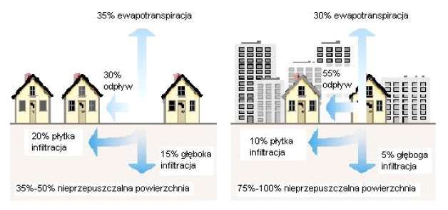 Zmiany bilansu wodnego zlewni wraz z postępującym procesem zabudowy zlewni (wzrostem udziału