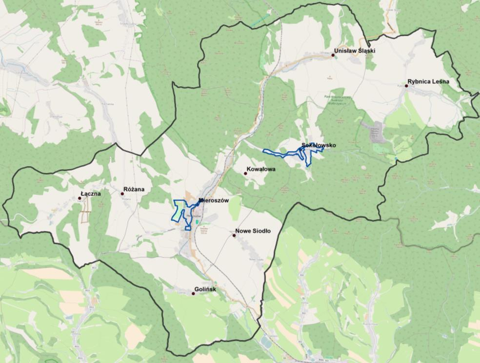 Obszar rewitalizacji w Mieroszowie obejmuje 9 ulic, w tym: Adama Mickiewicza (od Placu Niepodległości do skrzyżowania z Hożą), Dąbrowszczaków, Dolna, Kościelna, Krótka, Mała, Miła, Plac
