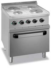 Kuchnia gazowa stołowa Blat ze stali nierdzewnej AISI 304 18/10 o grubości 1 mm Palniki: 3x 2,7 kw + 3x 3,15 kw (z podwójnym pierścieniem płomienia) Palniki z automatyczną blokadą wypływu gazu przy