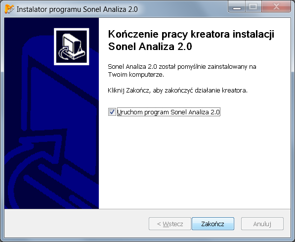 Instrukcja obsługi Sonel Analiza 2.0 Rys. 6. Zakończenie instalacji. W tym momencie można podłączyć PQM-70X do komputera. System powinien po chwili automatycznie rozpoznać przyłączone urządzenie.