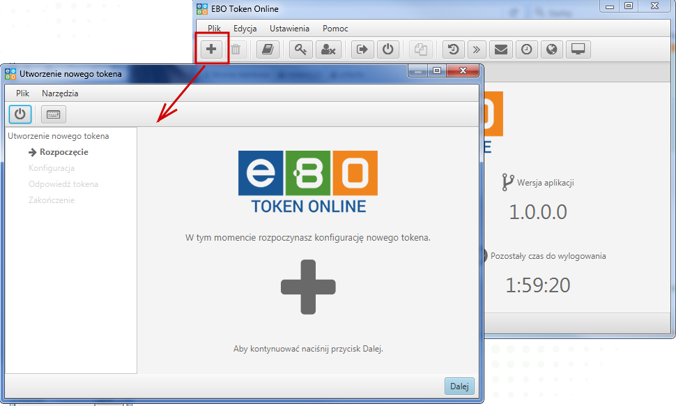 Rysunek 15: Utworzenie nowego tokena Po użyciu przycisku Dalej, wyświetli się okno, gdzie należy podać nazwę dla wyświetlania tokena oraz wygenerować klucz główny w aplikacji klienckiej.