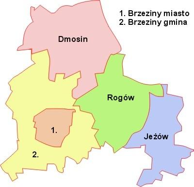 Poniżej na mapie powiatu brzezińskiego kolorem zielonym oznaczono Gminę Rogów. Mapa.