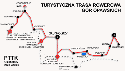 Nazwa Powiązania z innymi szlakami TRASA ROWEROWA GÓR OPAWSKICH Tak, powiązanie z: od Pokrzywnej do Burgrabic powiązanie ze szlakiem niebieskim R60 od Gierałcice do Burgrabic powiązanie ze szlakiem