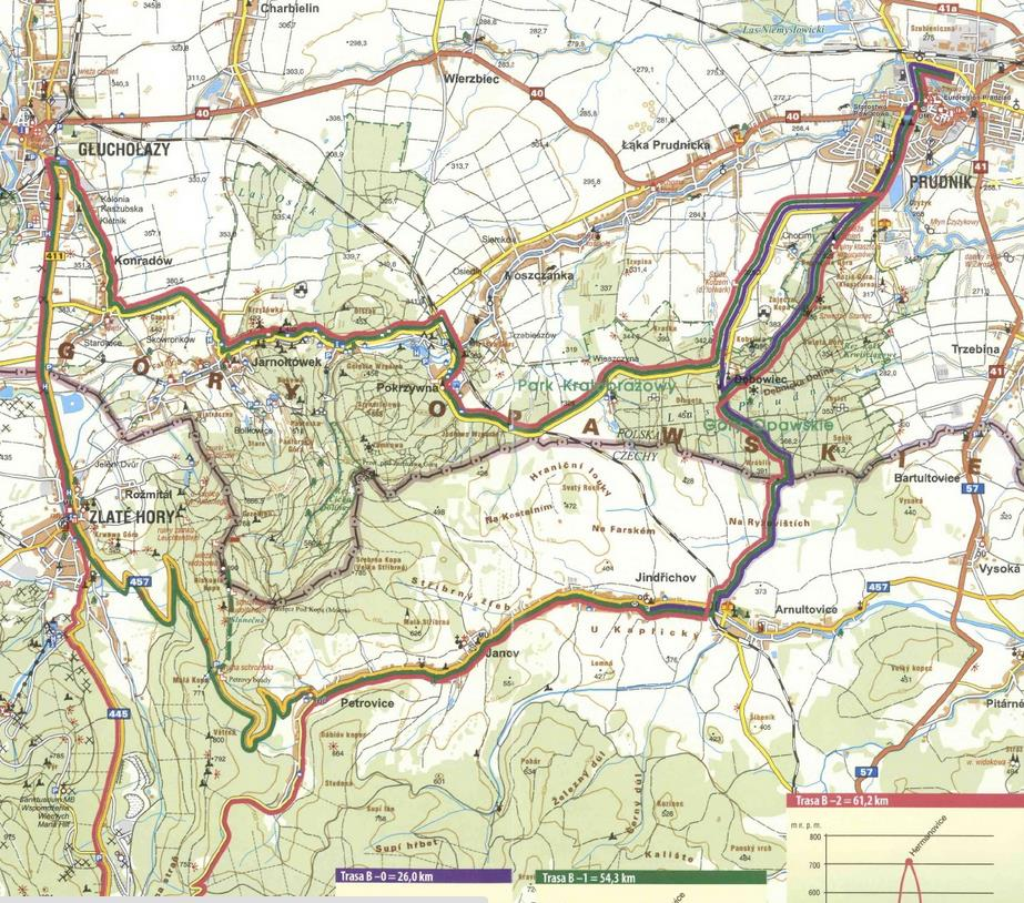 Rysunek 1. Przebieg ścieżek rowerowych B-0 (kolor fioletowy), B-1 (kolor zielony), B-2 (kolor czerwony) w ramach kategorii Dzień Czeski. Źródło: http://www.powiatprudnicki.pl/powiatprudnicki-rowerowe.
