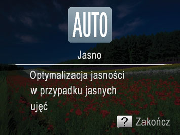 Otwieranie menu Pomoc aparatu Filmy W sposób opisany poniżej można uzyskać dostęp do ekranowych opisów scenerii wykrytych przez aparat, porad dotyczących ujęć oraz instrukcji odtwarzania.