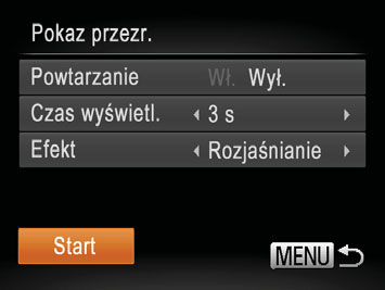 Zmiana ustawień pokazów przezroczy Można ustawiać powtarzanie pokazów przezroczy oraz zmieniać efekty przejść między zdjęciami i czas każdej fotografii. Przejdź do ekranu ustawień.
