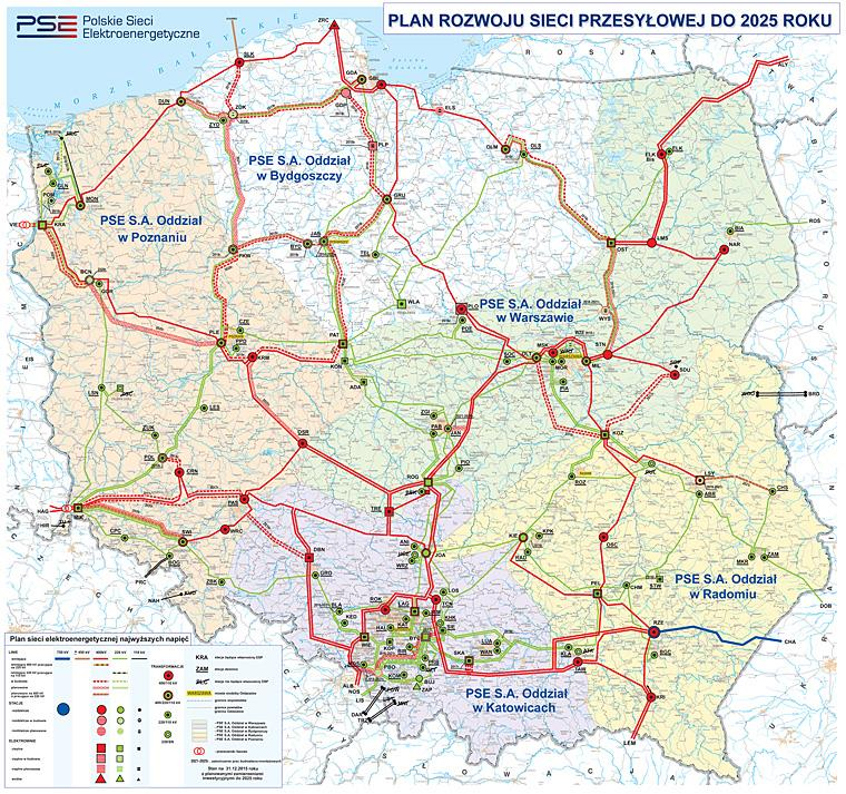 Rysunek 4.1 Plan rozwoju sieci przesyłowej do roku 2025 [15] Jednocześnie, znacząca część mocy zainstalowanej generacji wiatrowej jest i będzie w przyszłości przyłączana w północnej części Polski.