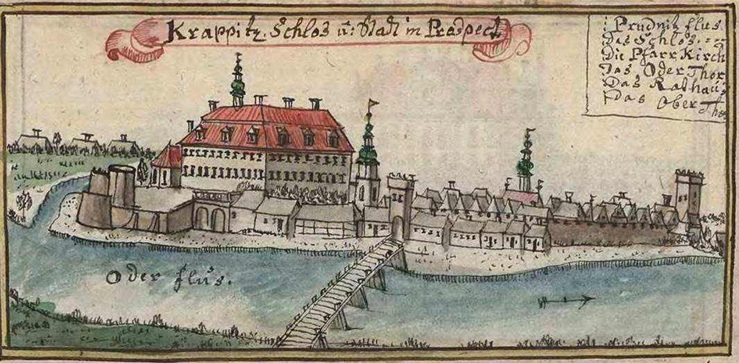 koło murów miejskich, obok późniejszej bramy Opolskiej. W 1400 r. w mieście żyło ok. 1,6 tys. mieszkańców.