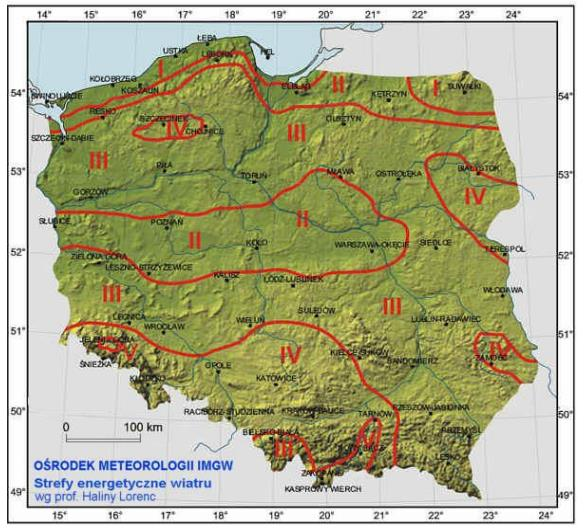 Rysunek 16 Strefy energetyczne wiatru w Polsce wg H.Lorenc Legenda: Strefy: I-wybitnie korzystna, II-bardzo korzystna, III-korzystna, IV-mało korzystna, V- niekorzystna Źródło: http://www.wbu.wroc.