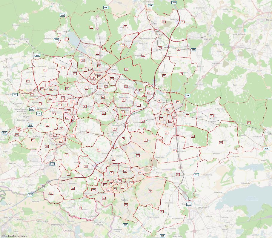 1.2. Podział na rejony komunikacyjne Rysunek 1.1 Podział na rejony komunikacyjne w modelu Aglomeracji Rybnickiej. Wprowadzono podział na 99 rejonów komunikacyjnych w obszarze opracowania.