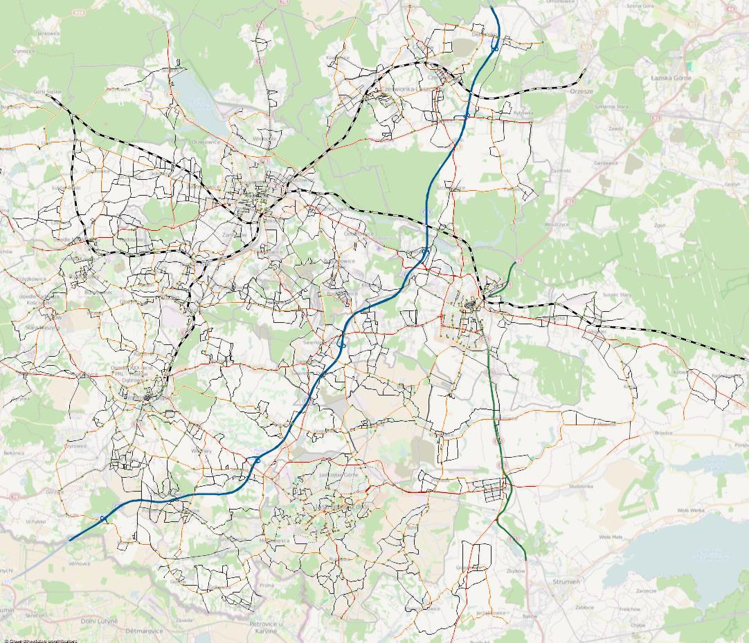 1.3. Parametryzacja sieci drogowo - ulicznej Rysunek 1.2 Sieć transportowa w modelu transportowym Aglomeracji Rybnickiej.
