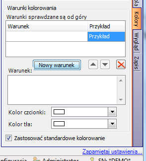 W listach Kolor czcionki, Kolor tła (w dolnej części panelu) można wybrad odpowiednie kolory z dostępnych palet barw. Warunki analizowane są z góry na dół, aż do pierwszego spełniającego.