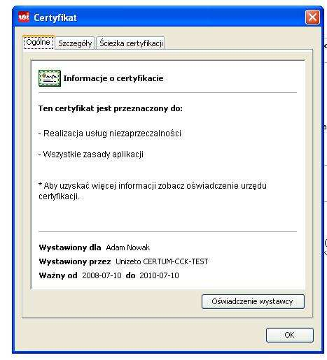 Rys. 2.1.3 Etap 2 Okno dialogowe weryfikacji danych zawartych w certyfikacie. JeŜeli dane zawarte w certyfikacie są poprawce naleŝy wcisnąć przycisk OK.